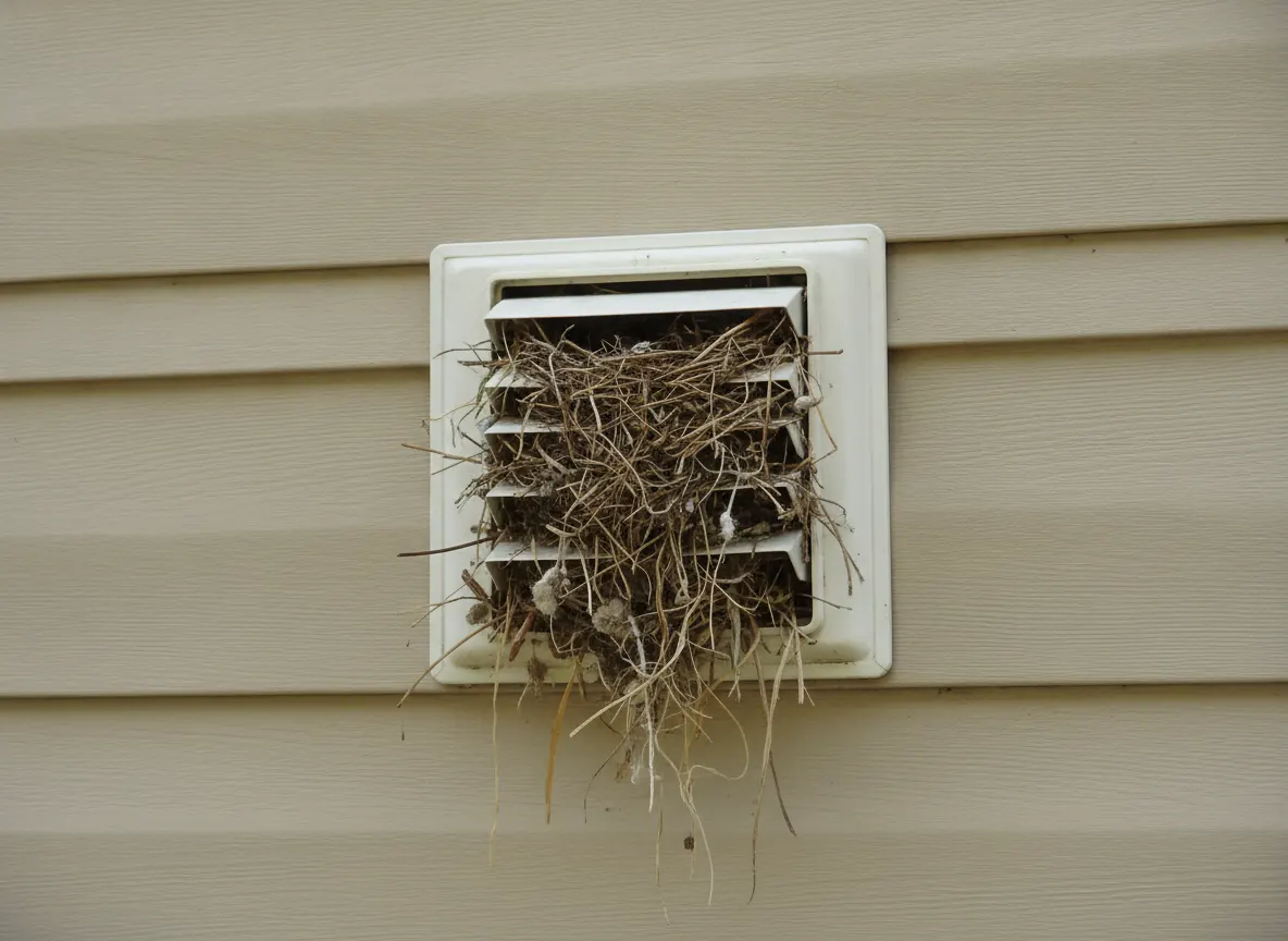 Bird nest stuffed in an exterior dryer vent flap