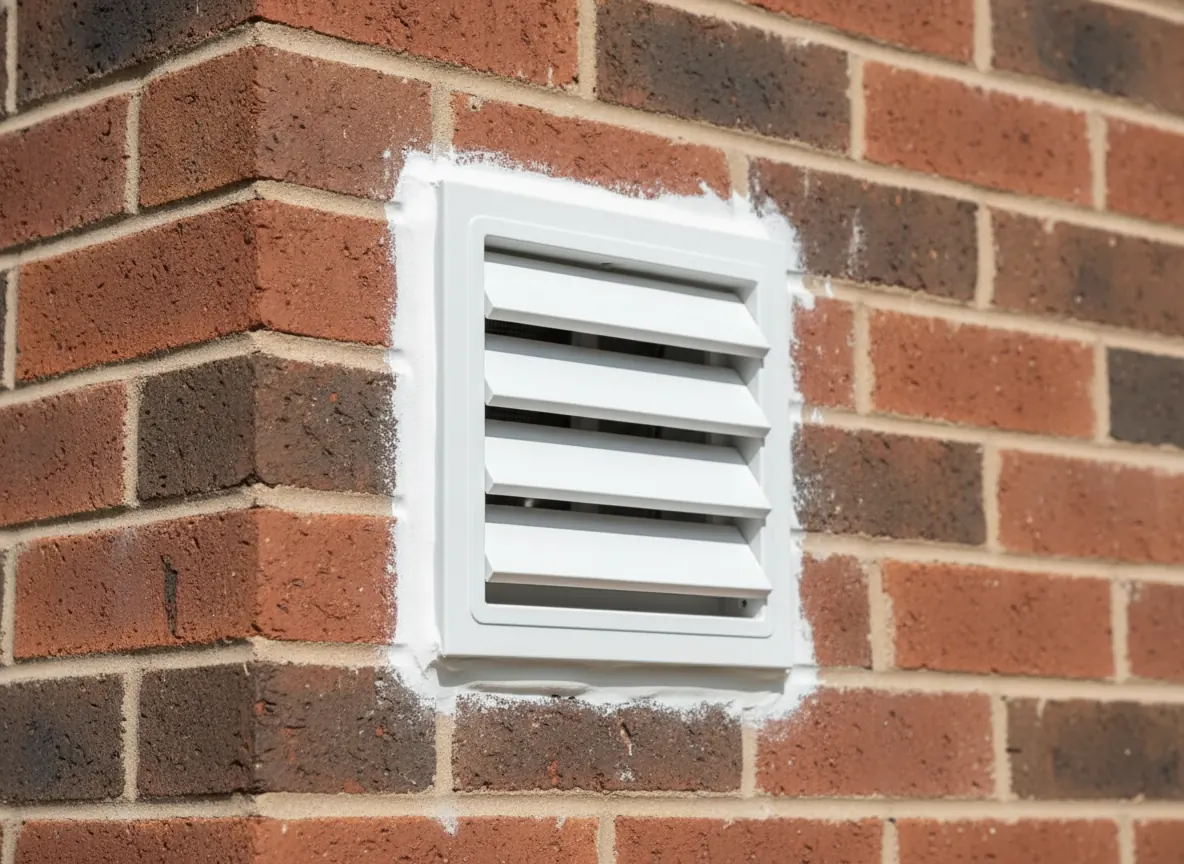 New louvered dryer vent cap with damper flaps installed on a brick wall