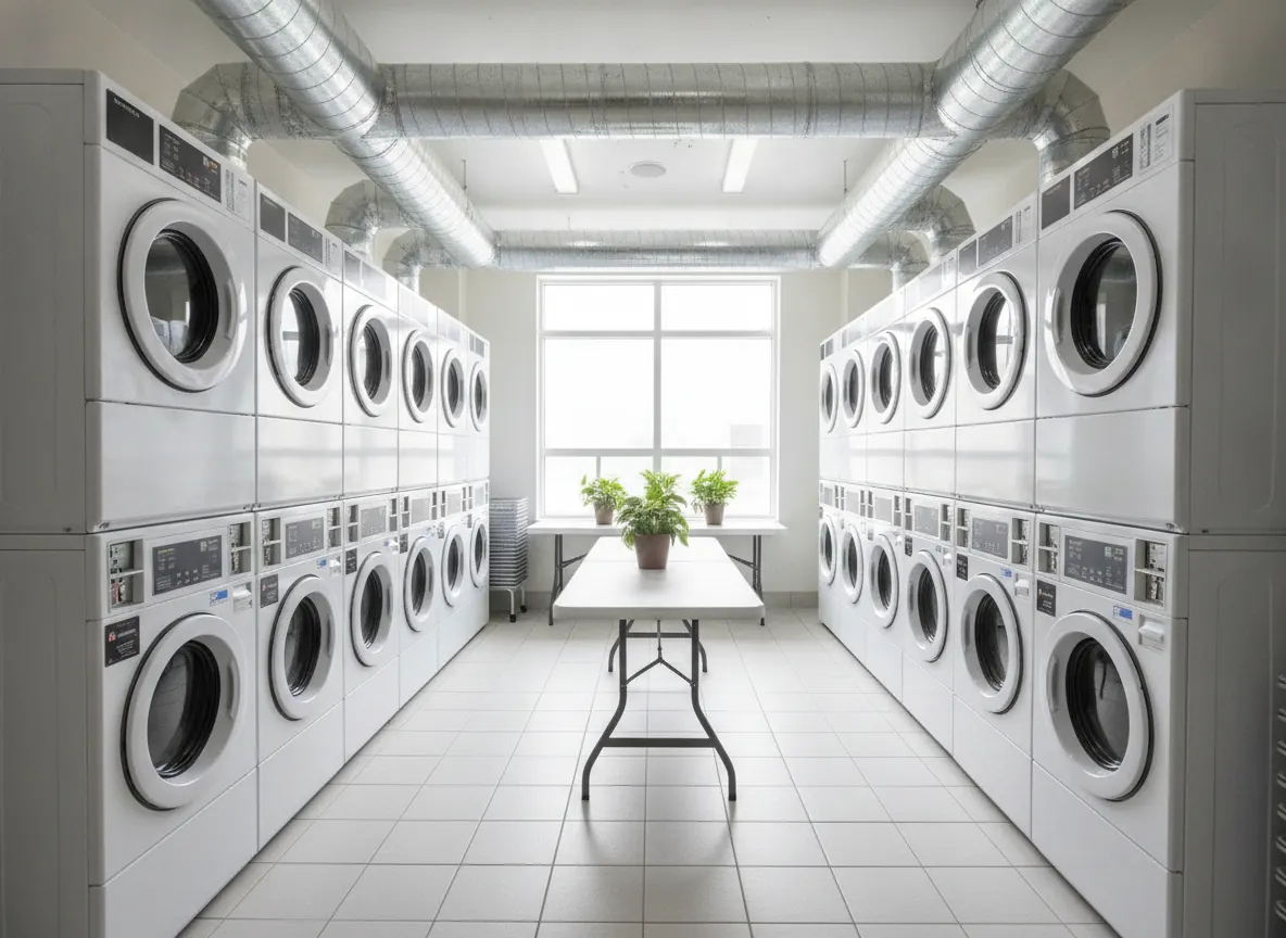 Apartment laundry room with stacked dryers and vent ducts above