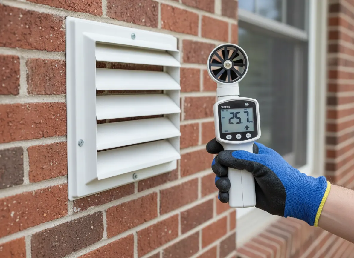 Airflow meter held at an exterior dryer vent hood on brick siding