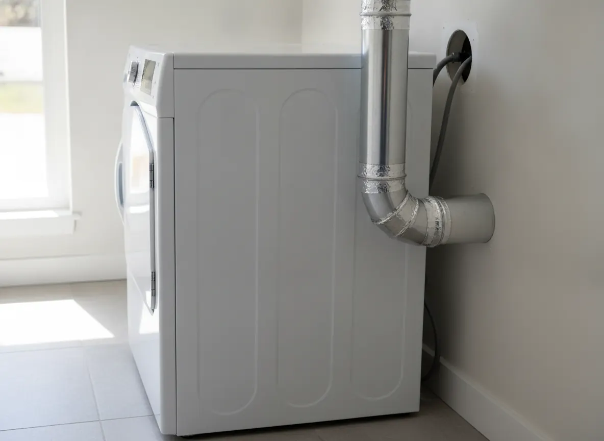 Newly installed rigid metal dryer duct with taped joints behind a pulled-out dryer