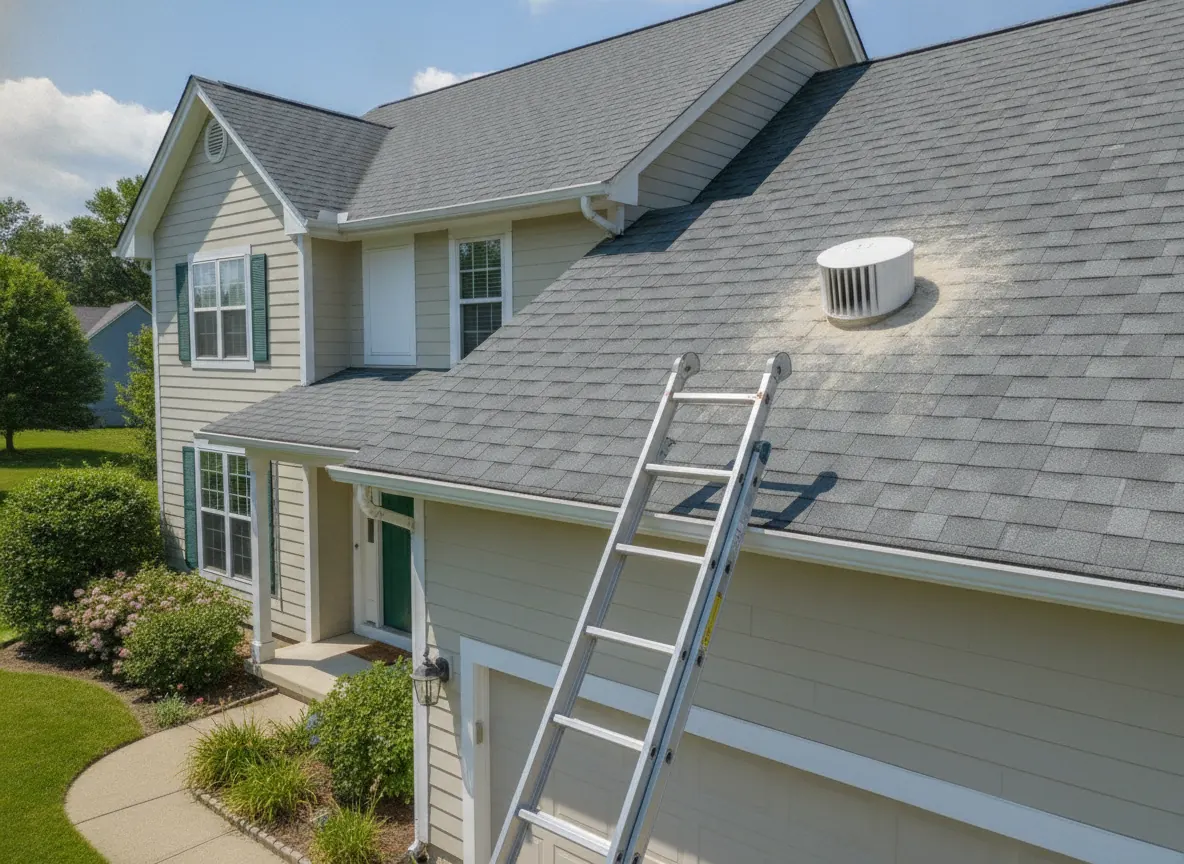 Lint around a roof-mounted dryer vent cap on a shingle roof